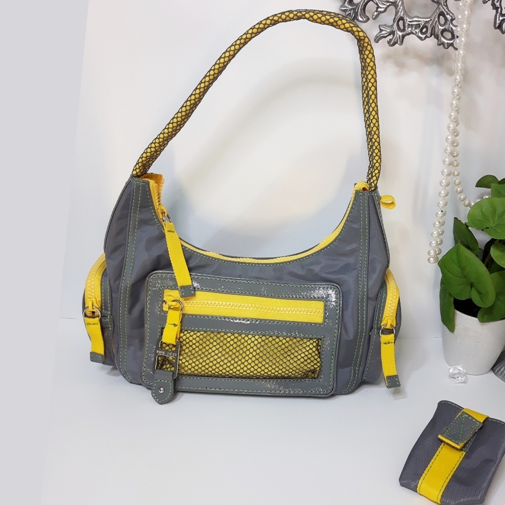 Y2K Vtg Nine West💛Yellow Gray Casual Baguette Shoulder Bag with Pockets - Picture 5 of 15